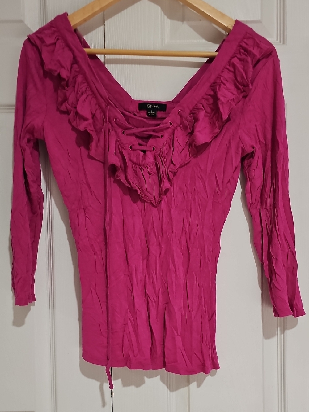 💖 GNW Pink Lace-Up Ruffle Front Top – Feminine Y2K Style Stretch 💖